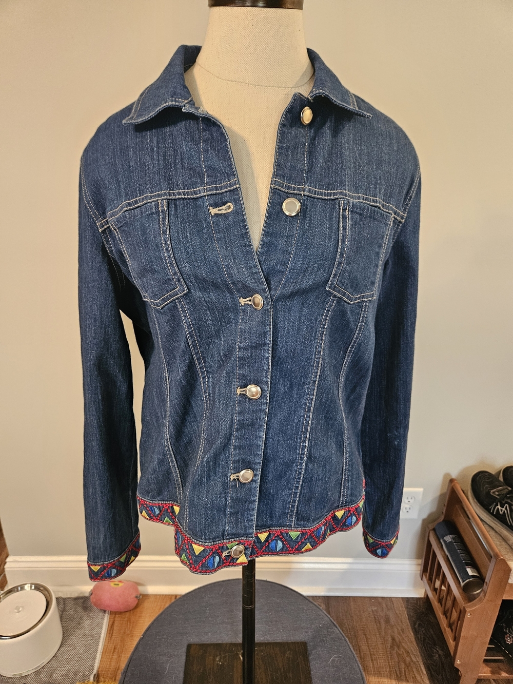 Embroidered Hem Dark Blue Denim Jacket - Women